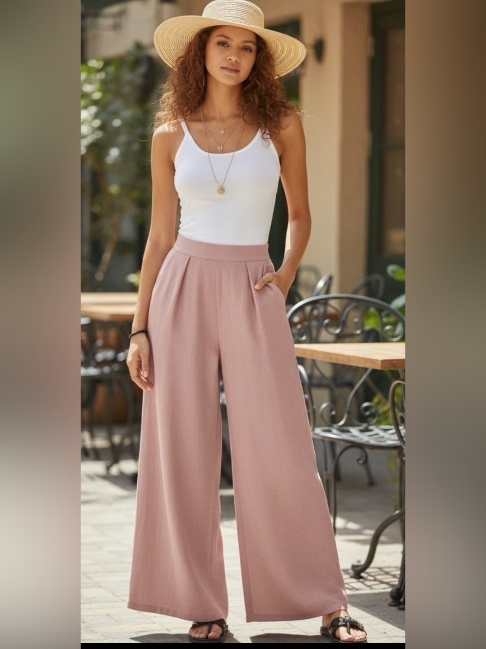 NWT Noflik Cotton High Waisted Dusty Pink Wide Leg Palazzo Pants Pockets- XXL